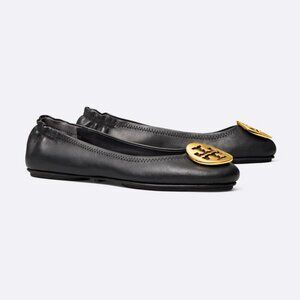 Tory Burch Reva Minnie Travel Black Ballet Leather Flats with Gold Logo Shoe 8